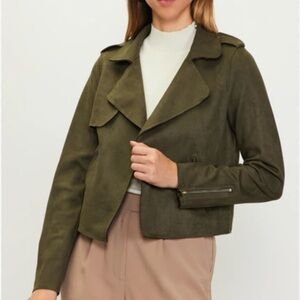 Skies Are Blue Green Faux Suede Utility Jacket with Structured Shoulders